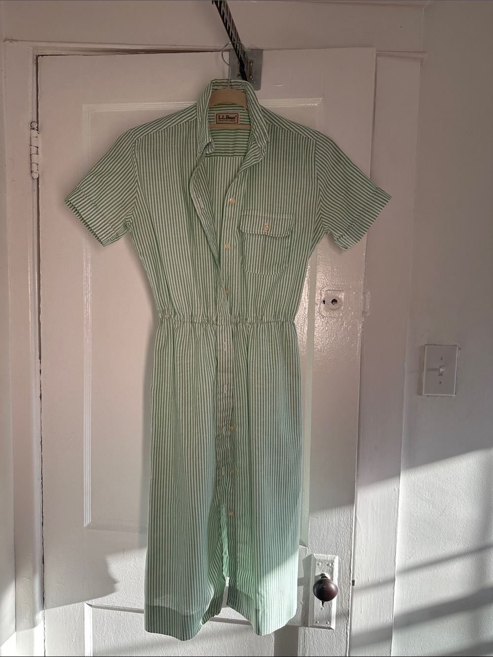 L.L. Bean Light Green and White Striped Button-Front Dress - Picture 3 of 4